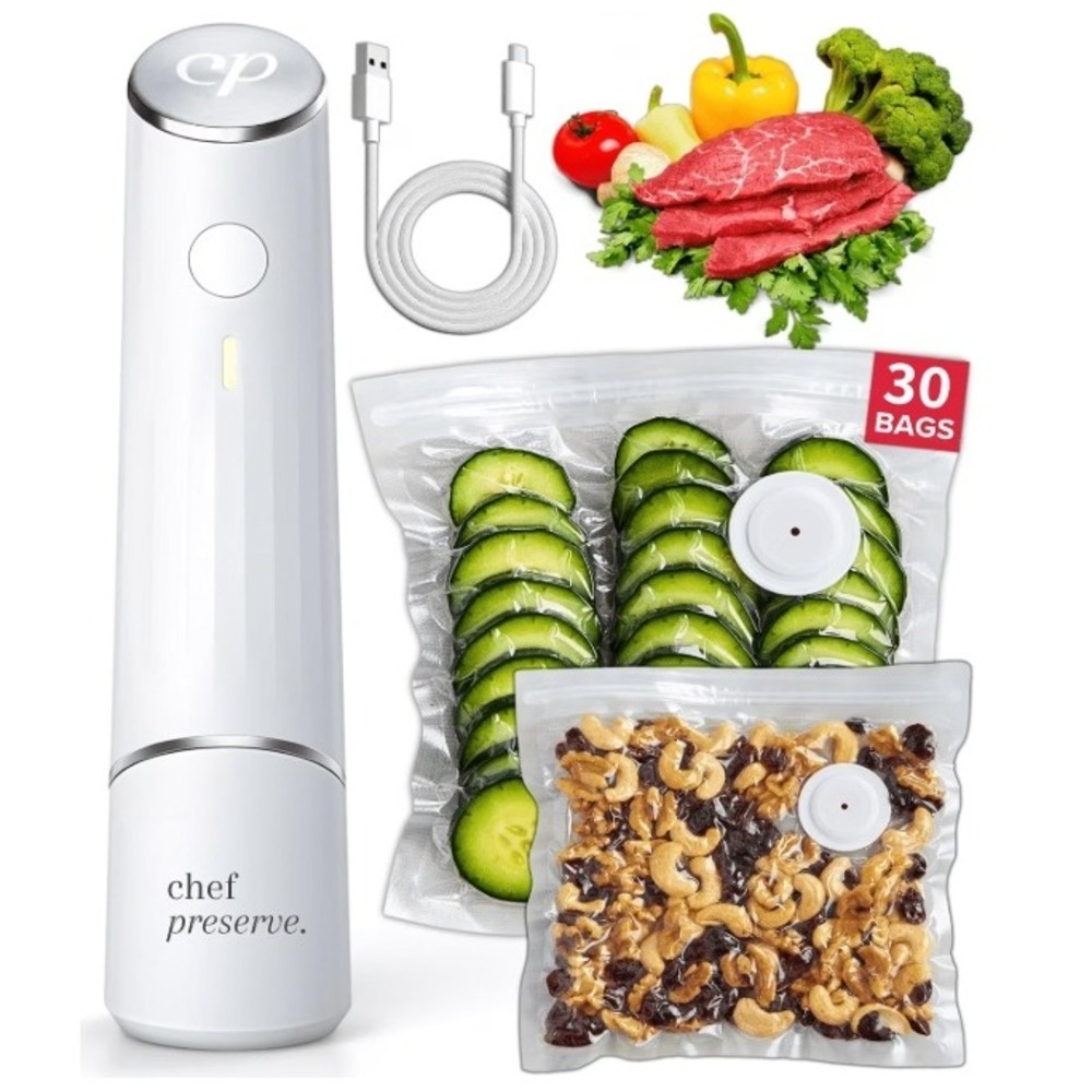 Chef Preserve Compact Vacuum Sealer for Food w/ 30 Reusable Bags S+M New